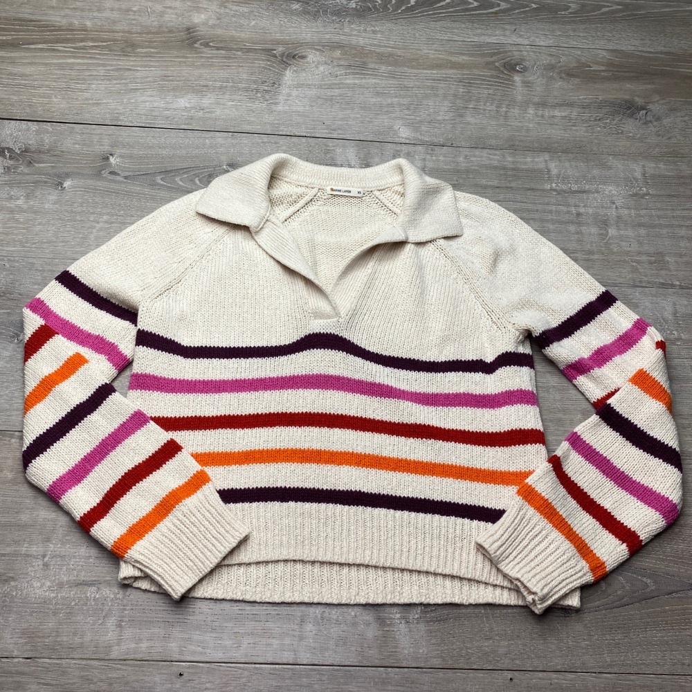 Marine Layer Sweater Womens XS Cream Multi Stripe Merino Wool Cotton‎ Polo Knit